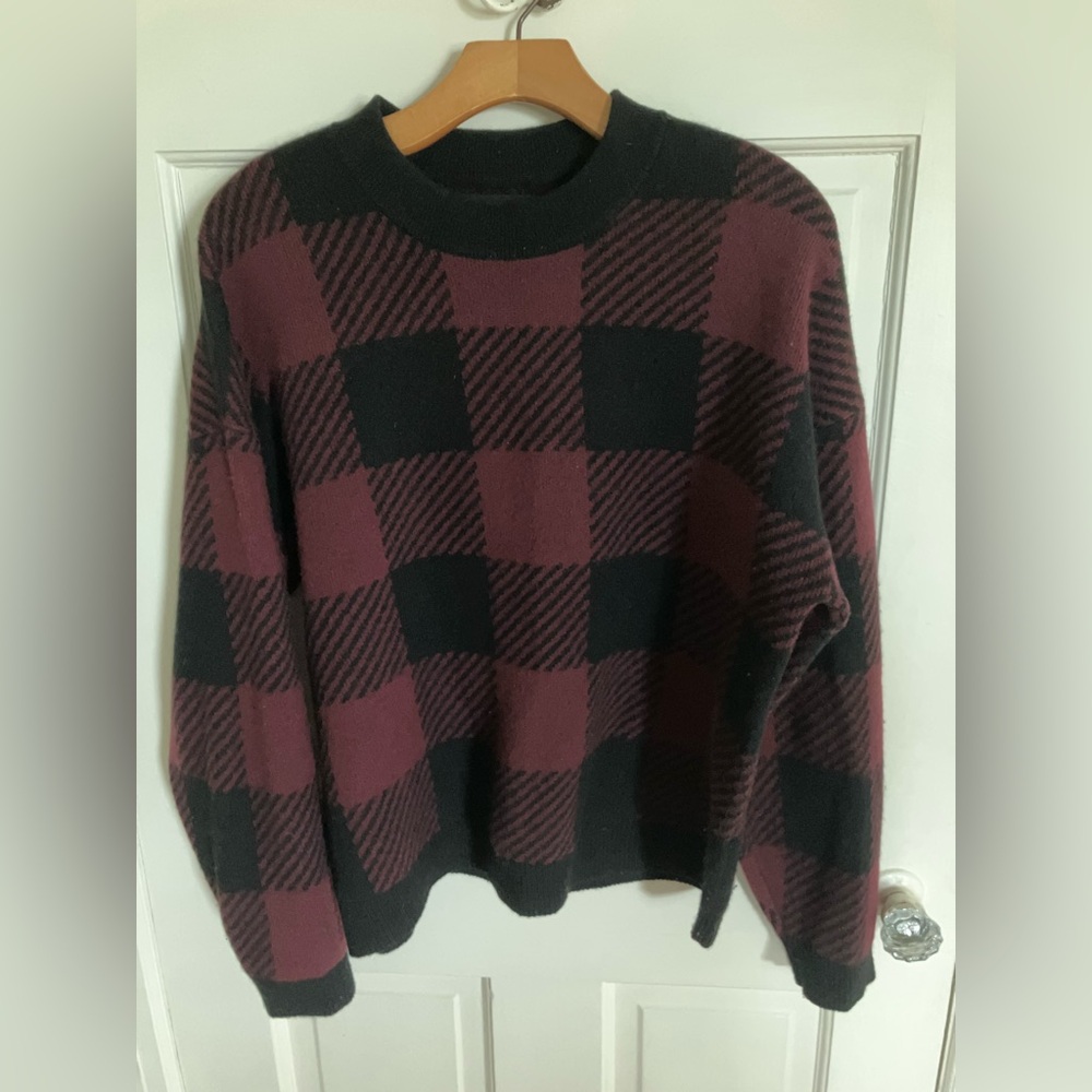 Naadam Plaid Black and Burgundy Cashmere Sweater L
